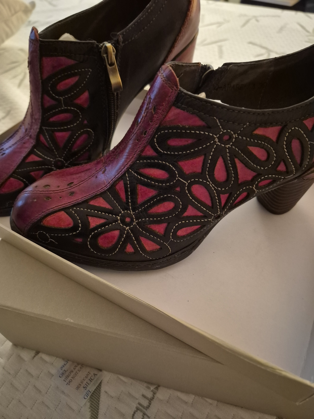 Cutout Floral Ankle Heels in Red and Black